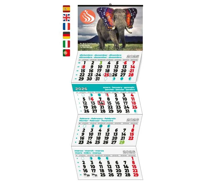 Calendario pared faldilla 4 meses vista personalizado (Envarillado, Pegado, Cortada pegada base hendidos, Sin plastificado)